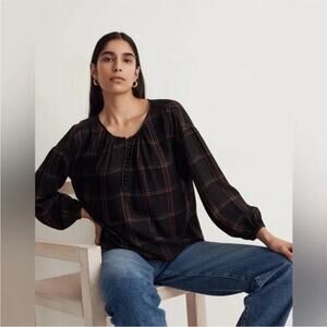 Madewell Shirred Peasant Long sleeve Top in Windowpane black medium